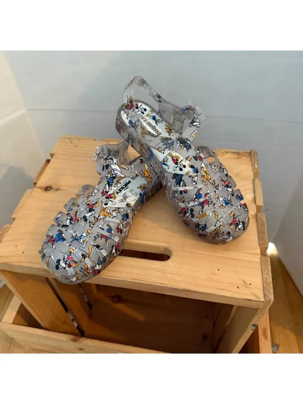 Disney x Mini Melissa Size 2 Gray Mickey & Friends Roman Fisherman Jelly Sandals